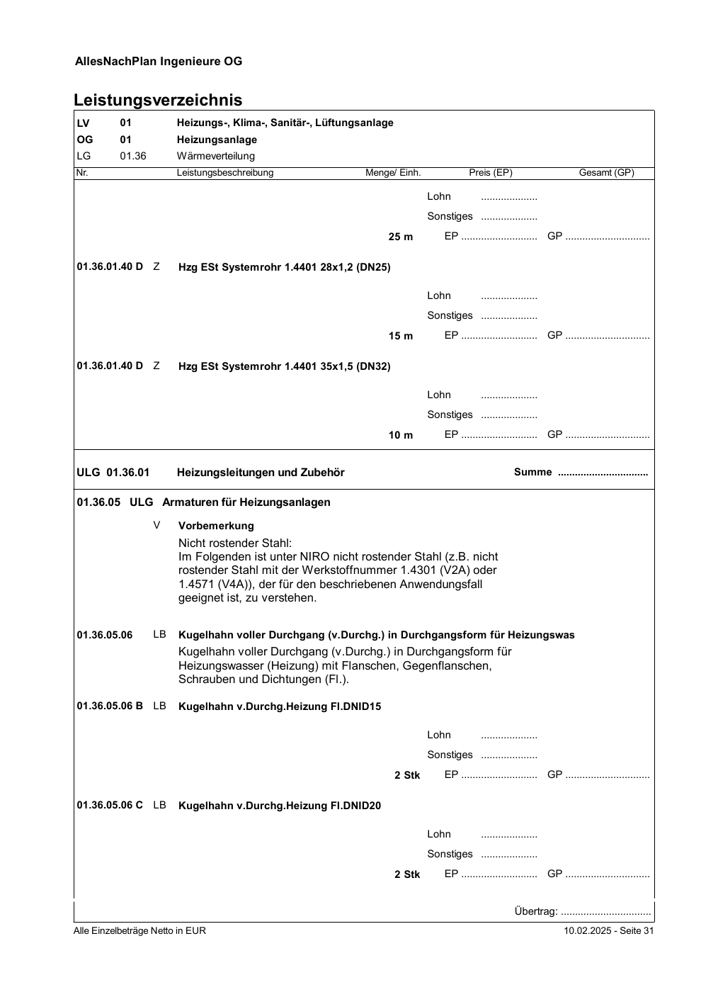 Leistungsverzeichnis HKLS nach ÖNORM